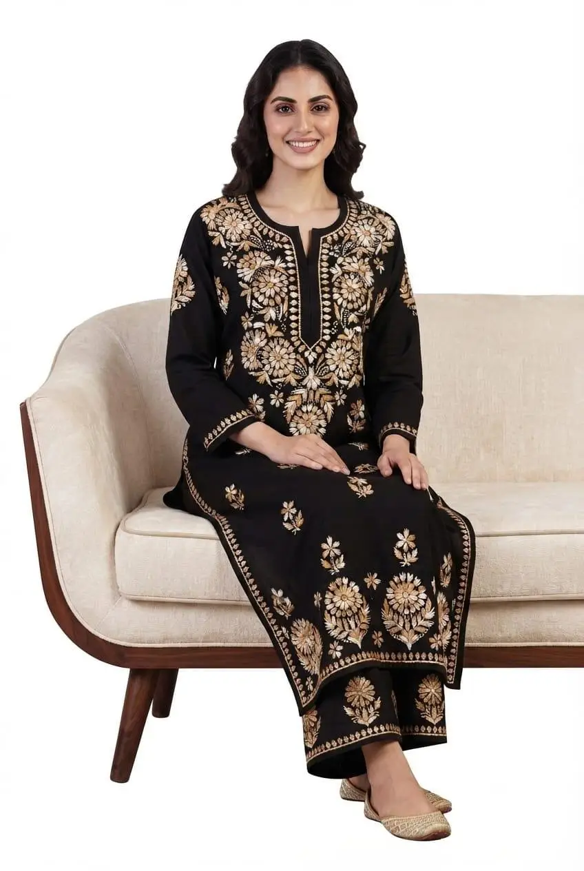 LCF CHIKAN EMBROIDERY MULTI BROWN THREAD PLAZO SET - BLACK view 3