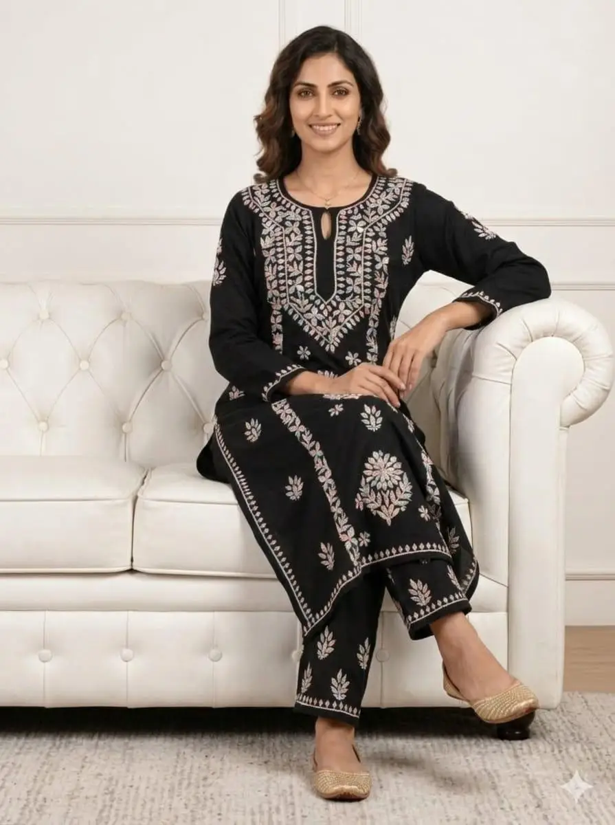 LCF CHIKAN EMBROIDERY MULTII THREAD PLAZO SET - BLACK view 2