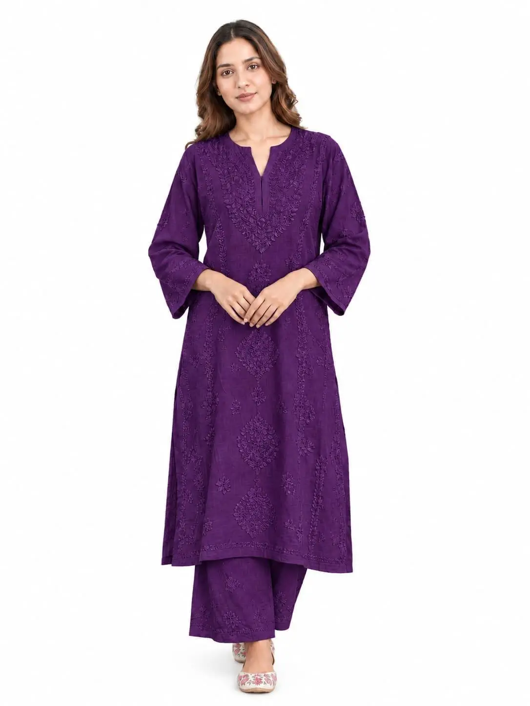 LCF CHIKAN EMBROIDERY MUSLIN PLAZO SET - PURPLE