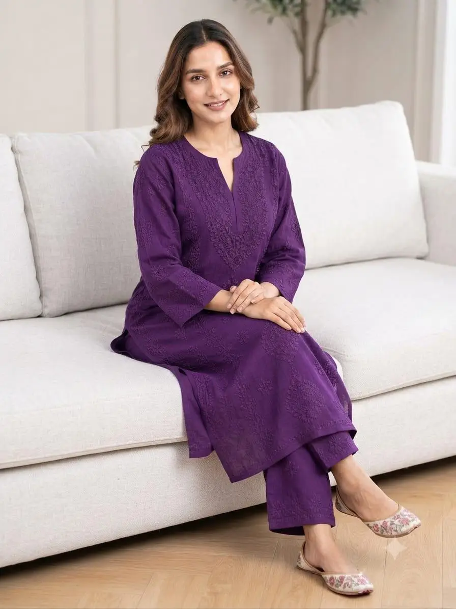 LCF CHIKAN EMBROIDERY MUSLIN PLAZO SET - PURPLE view 2
