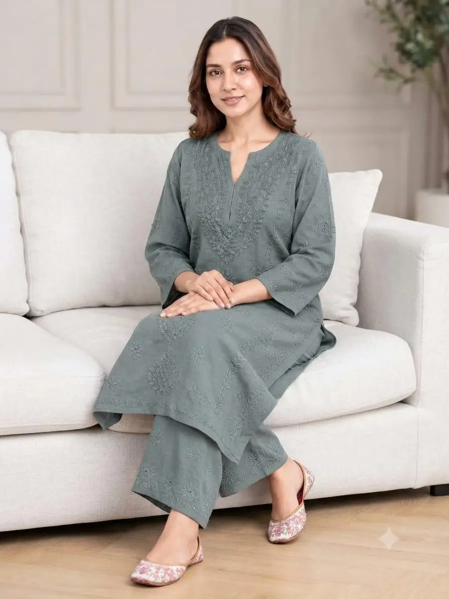 LCF CHIKAN EMBROIDERY MUSLIN PLAZO SET - GREY view 2