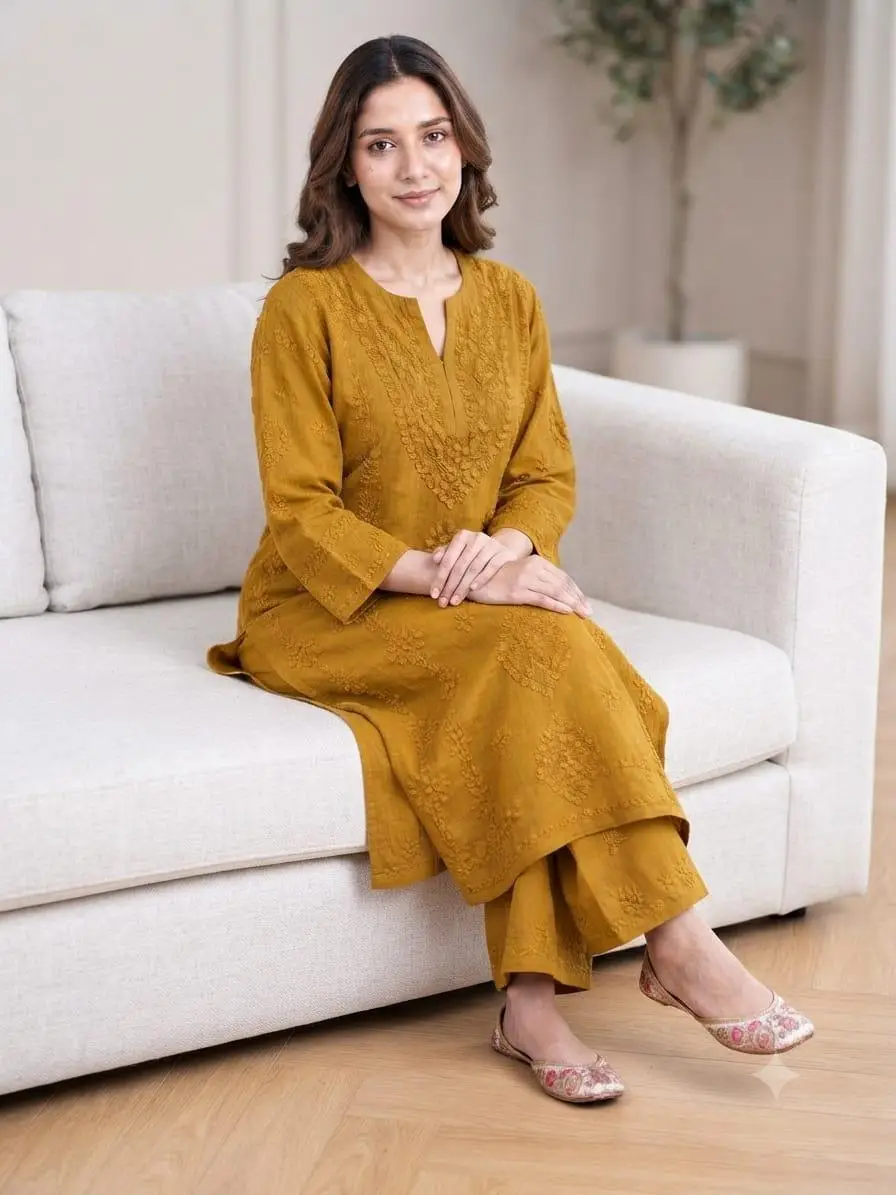 LCF CHIKAN EMBROIDERY MUSLIN PLAZO SET - MUSTED view 2