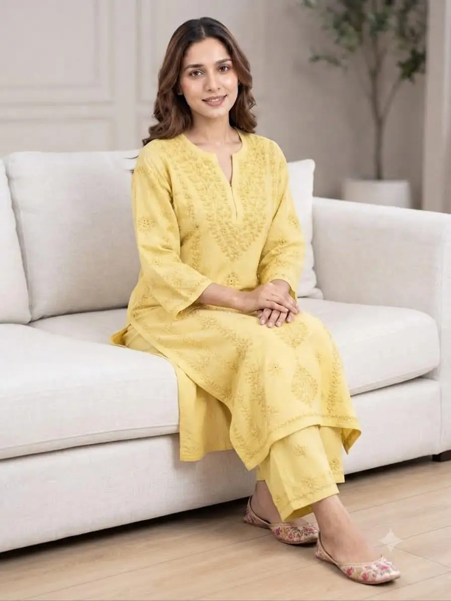 LCF CHIKAN EMBROIDERY MUSLIN PLAZO SET - YELLOW view 2