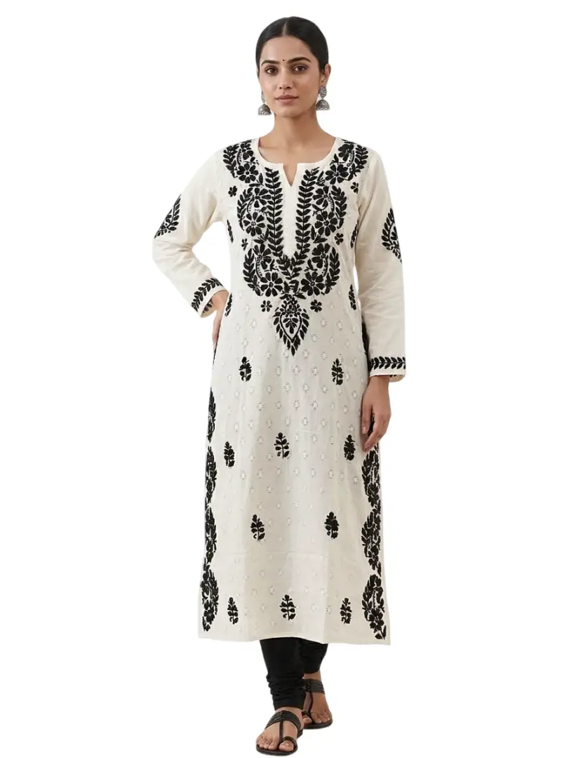 LCF CHIKAN EMBROIDERY MAL COTTON KURTI - WHITE