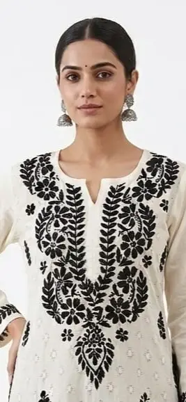 LCF CHIKAN EMBROIDERY MAL COTTON KURTI - WHITE view 2