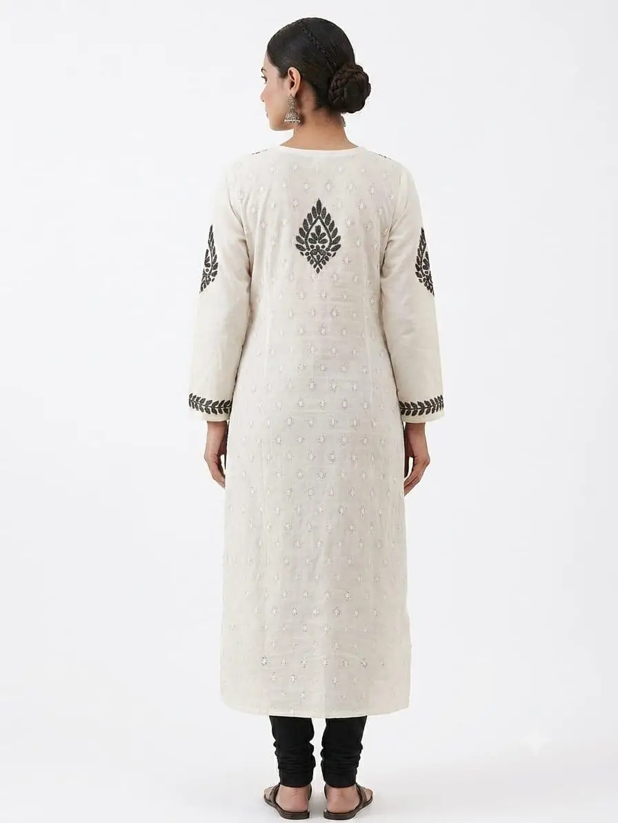 LCF CHIKAN EMBROIDERY MAL COTTON KURTI - WHITE view 3