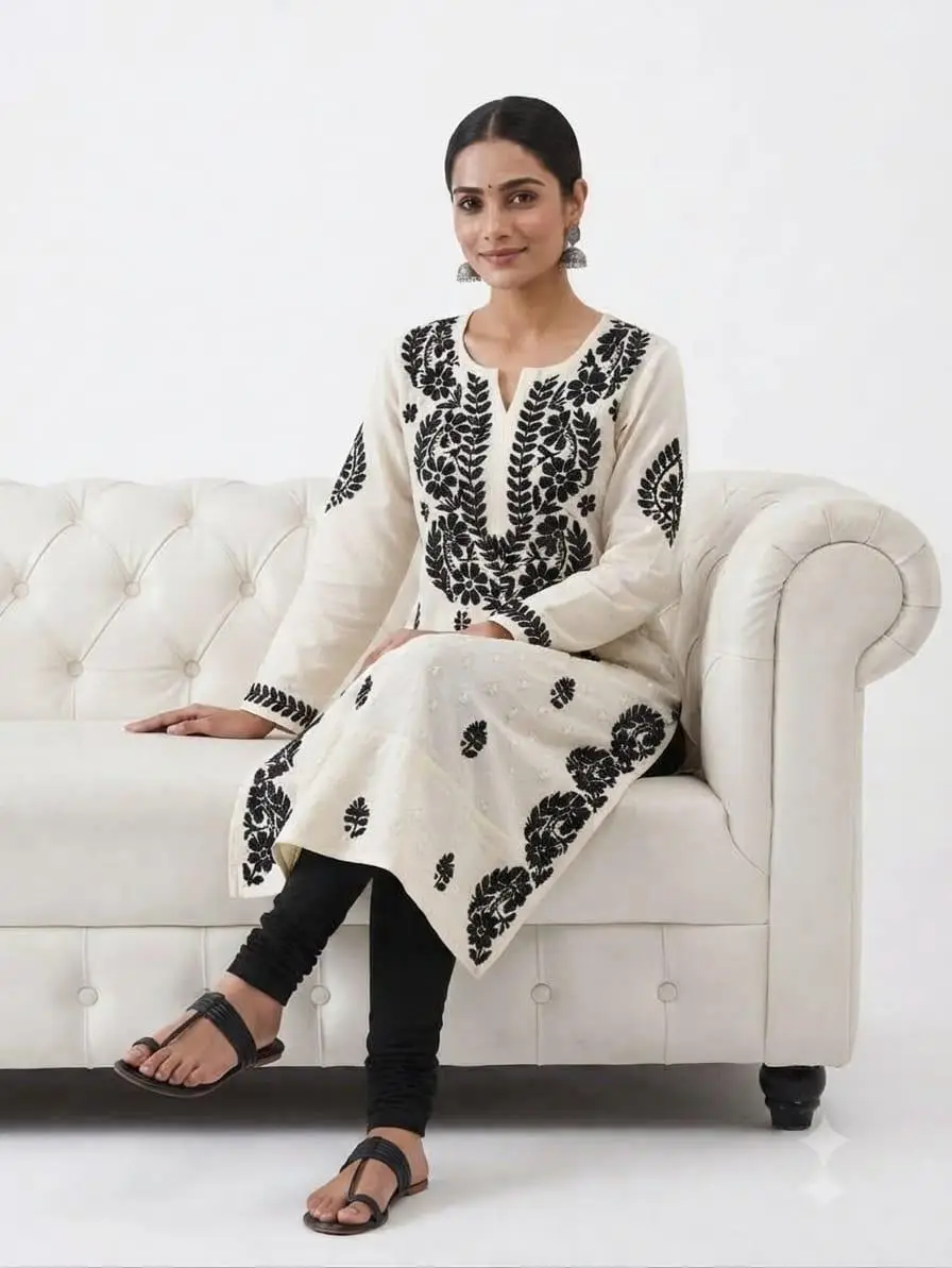 LCF CHIKAN EMBROIDERY MAL COTTON KURTI - WHITE view 4