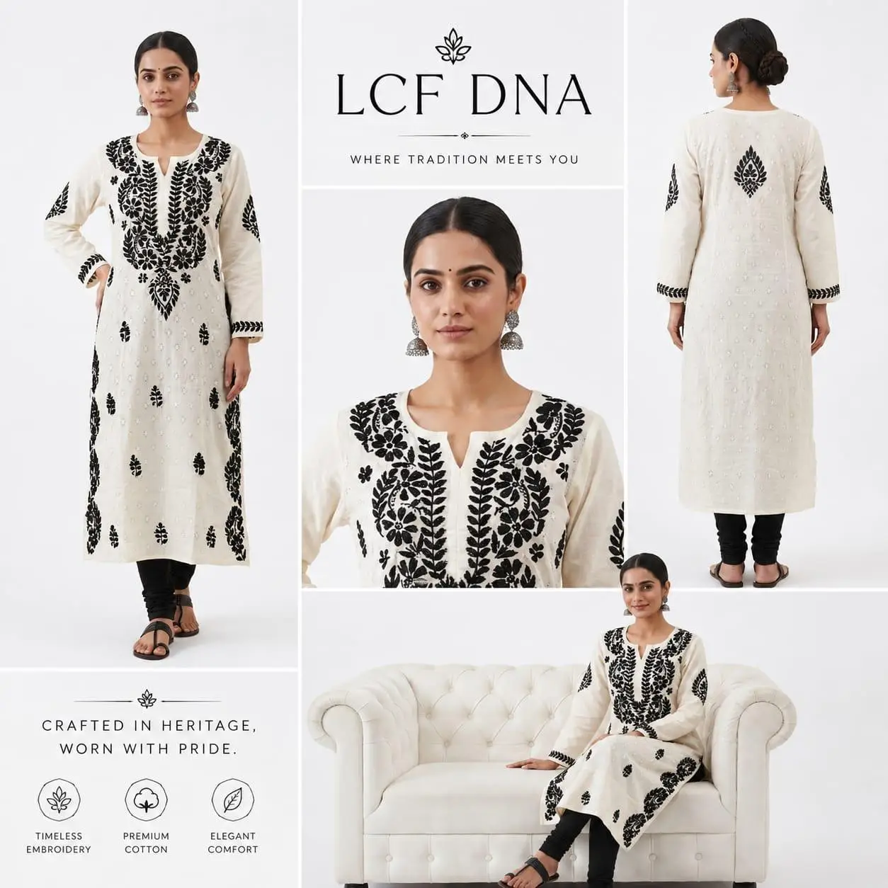 LCF CHIKAN EMBROIDERY MAL COTTON KURTI - WHITE view 5