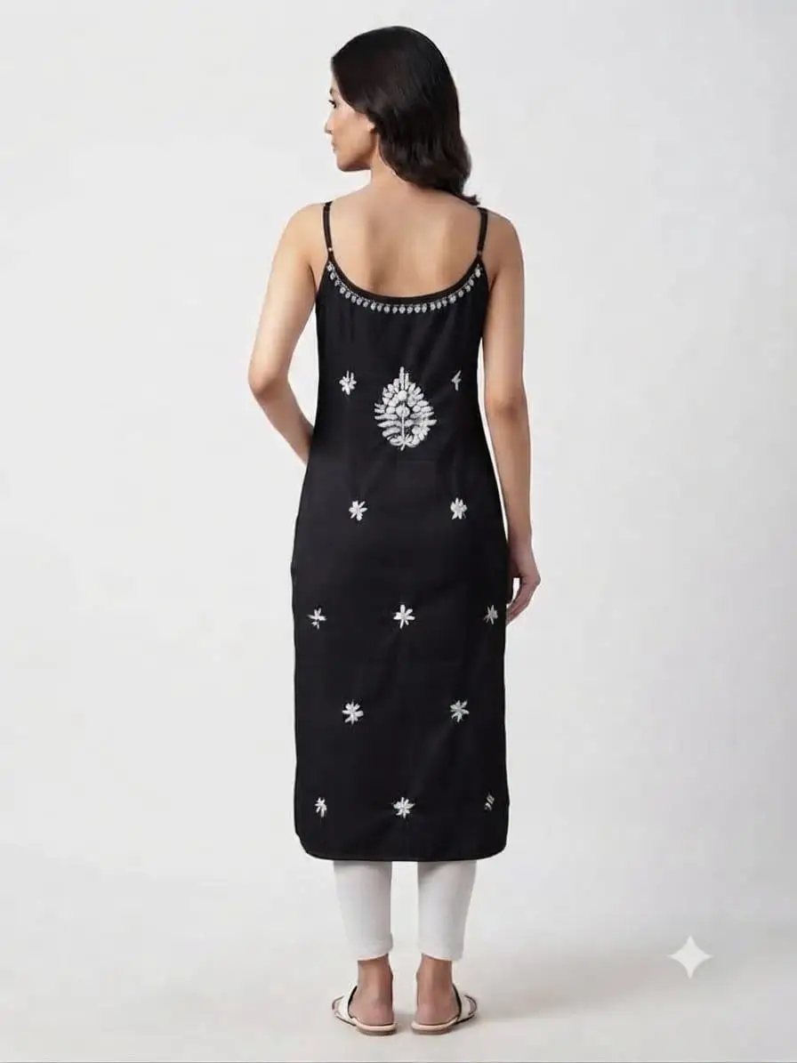 LCF CHIKAN  EMBROIDERY SPAGHETTI  LONG KURTI - BLACK view 2