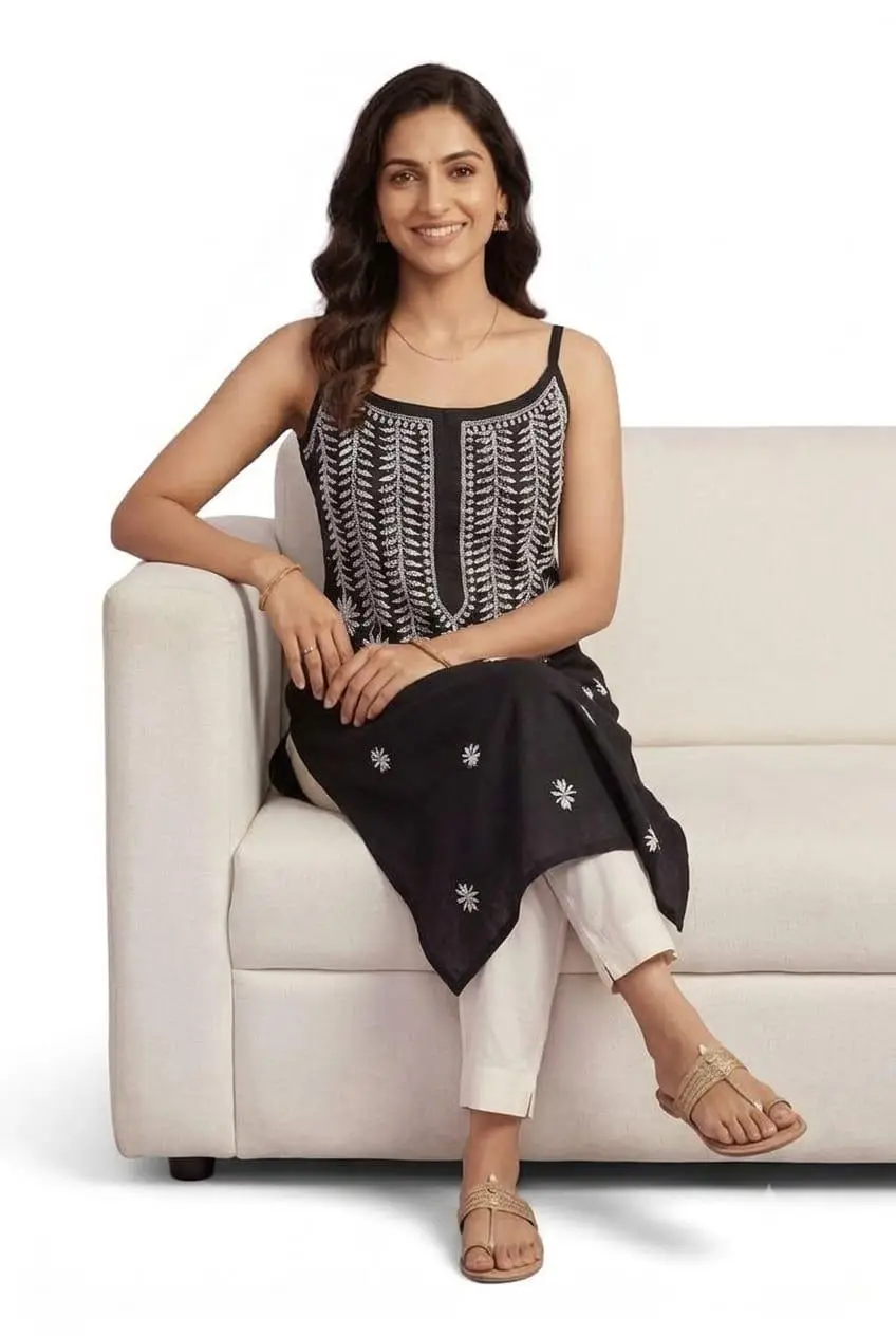 LCF CHIKAN  EMBROIDERY SPAGHETTI  LONG KURTI - BLACK view 3