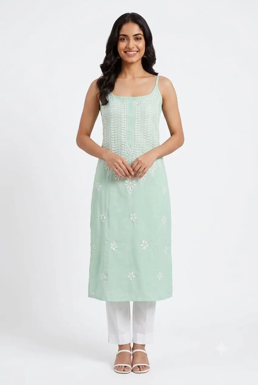 LCF CHIKAN EMBROIDERY SPAGHETTI LONG KURTI - SEA GREEN