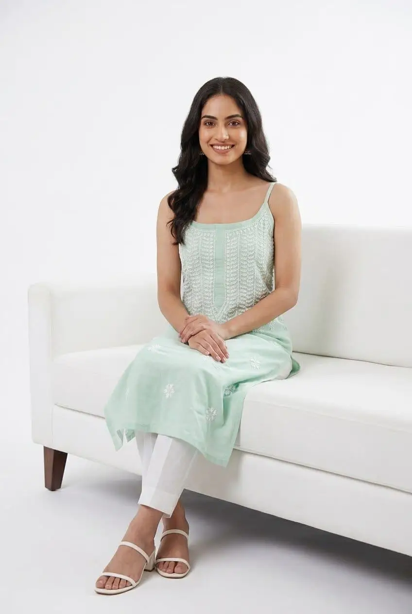 LCF CHIKAN EMBROIDERY SPAGHETTI LONG KURTI - SEA GREEN view 2