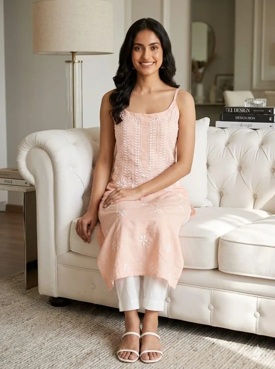 LCF CHIKAN EMBROIDERY SPAGHETTI LONG KURTI - PEACH view 2