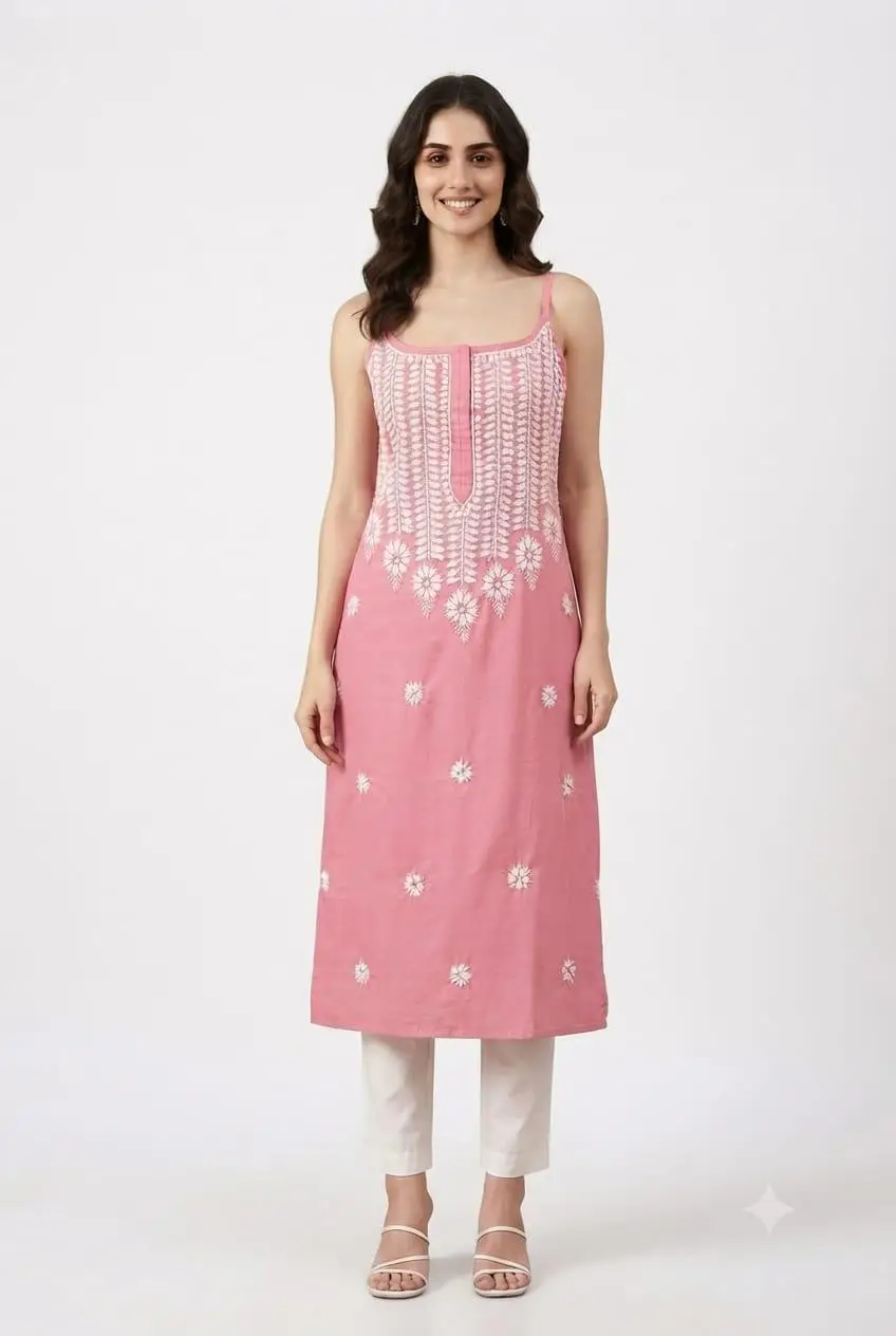 LCF CHIKAN EMBROIDERY SPAGHETTI LONG KURTI - PINK
