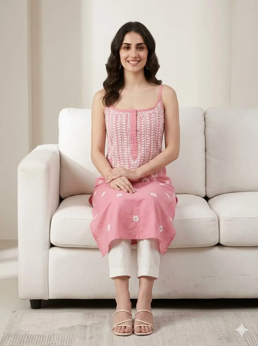 LCF CHIKAN EMBROIDERY SPAGHETTI LONG KURTI - PINK view 2