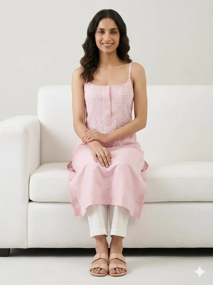 LCF CHIKAN EMBROIDERY SPAGHETTI LONG KURTI - BABY PINK view 2