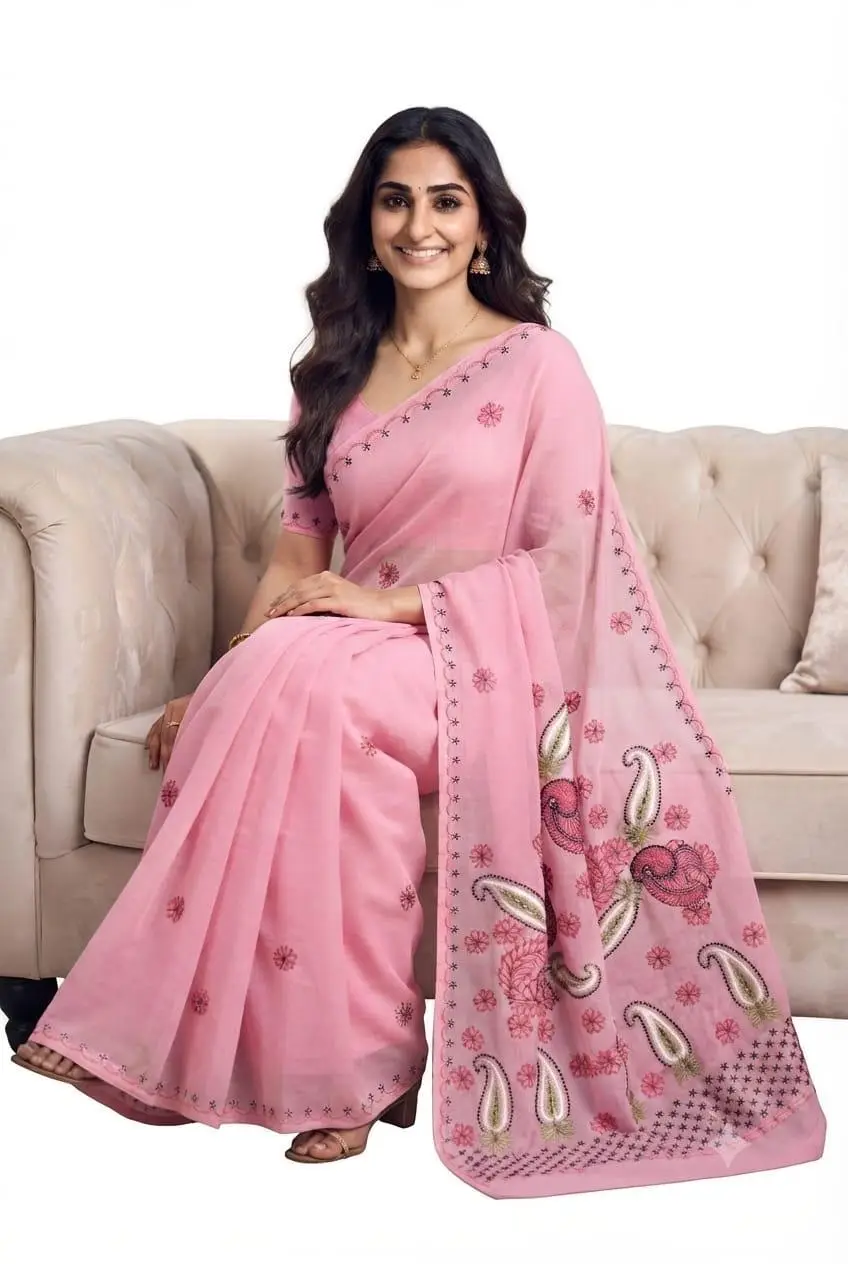 LCF CHIKAN Embroidered MAL COTTON SAREE -PINK view 2