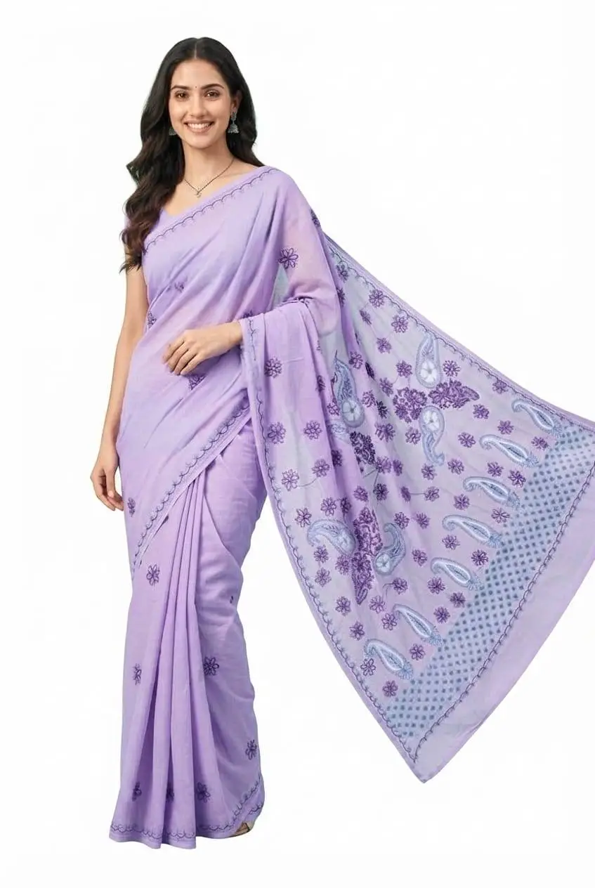 LCF CHIKAN Embroidered MAL COTTON SAREE -LIGHT PURPLE