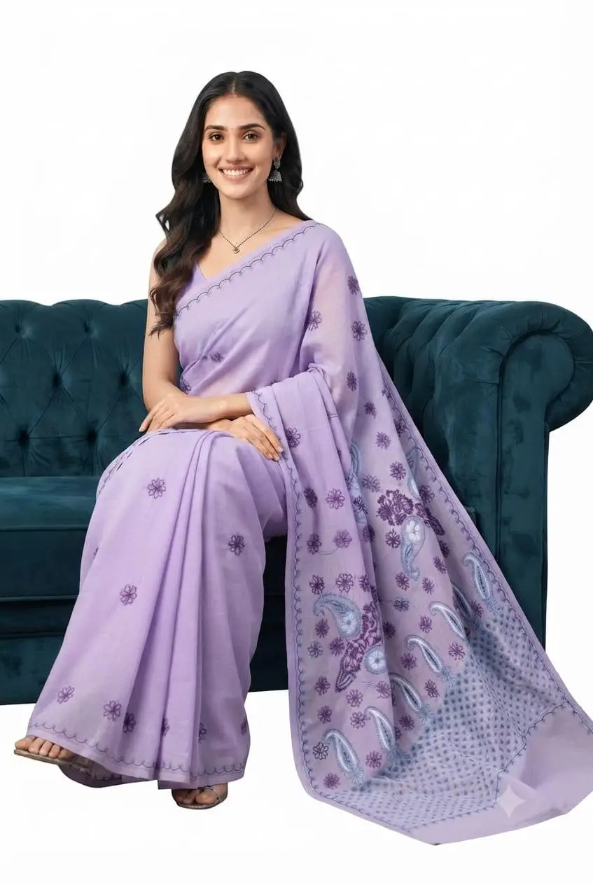 LCF CHIKAN Embroidered MAL COTTON SAREE -LIGHT PURPLE view 2