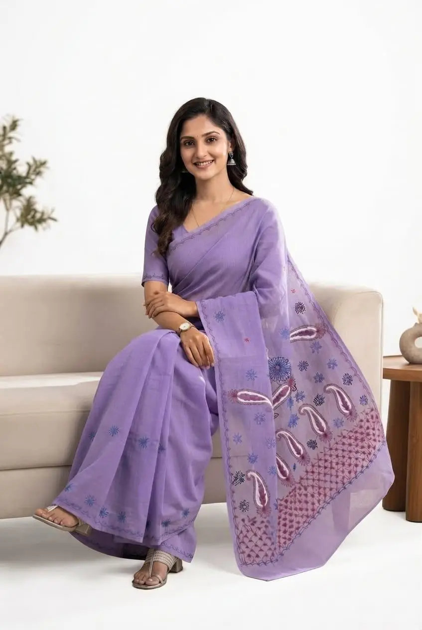 LCF CHIKAN Embroidered MAL COTTON SAREE -GREEN view 2