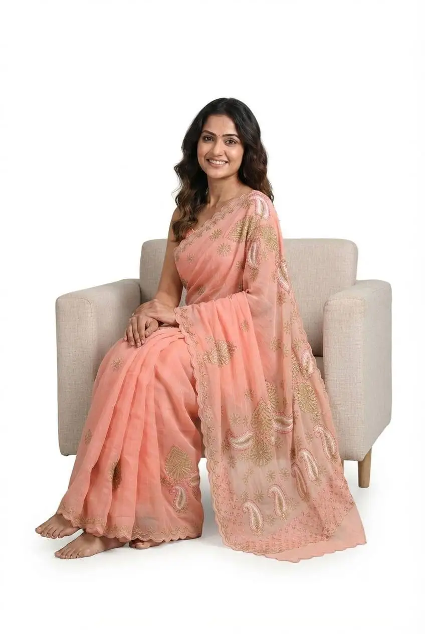 LCF CHIKAN Embroidered MAL COTTON SAREE -PEACH view 2