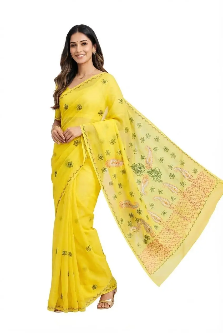 LCF CHIKAN Embroidered MAL COTTON SAREE -LIGHT YELLOW