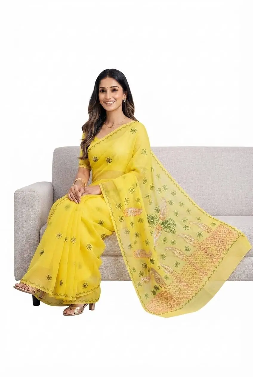 LCF CHIKAN Embroidered MAL COTTON SAREE -LIGHT YELLOW view 2