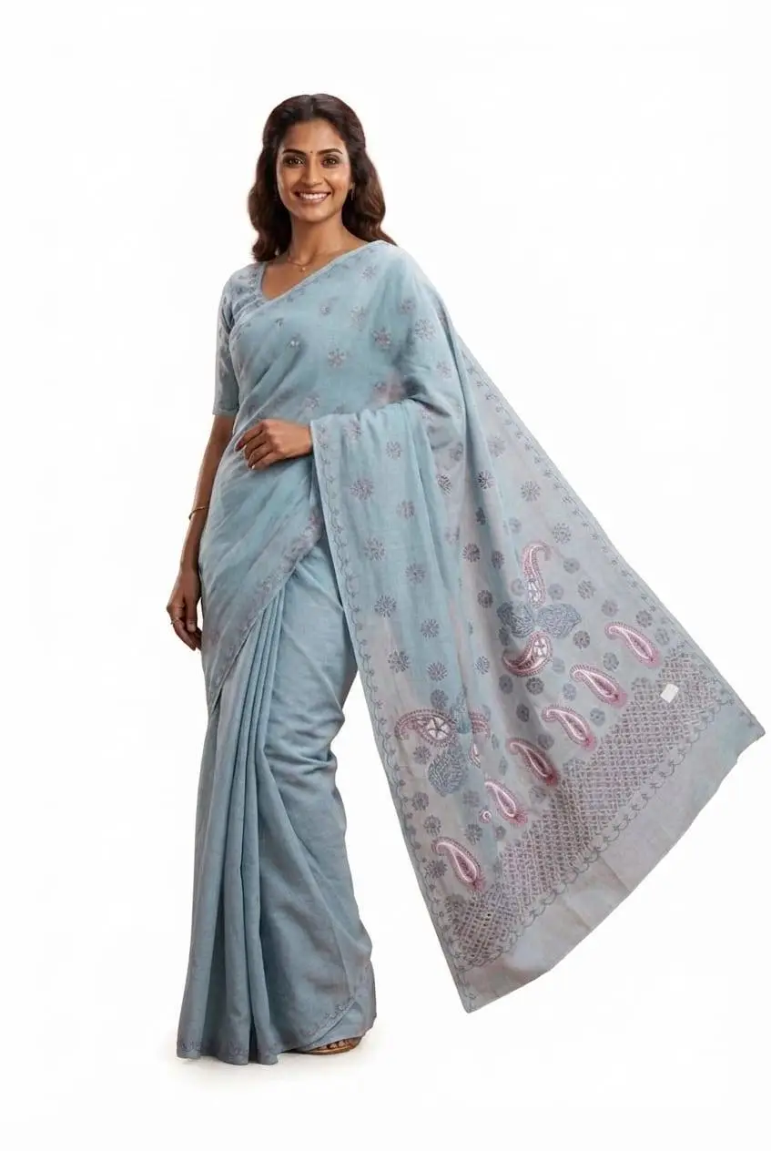 LCF CHIKAN Embroidered MAL COTTON SAREE -GREY