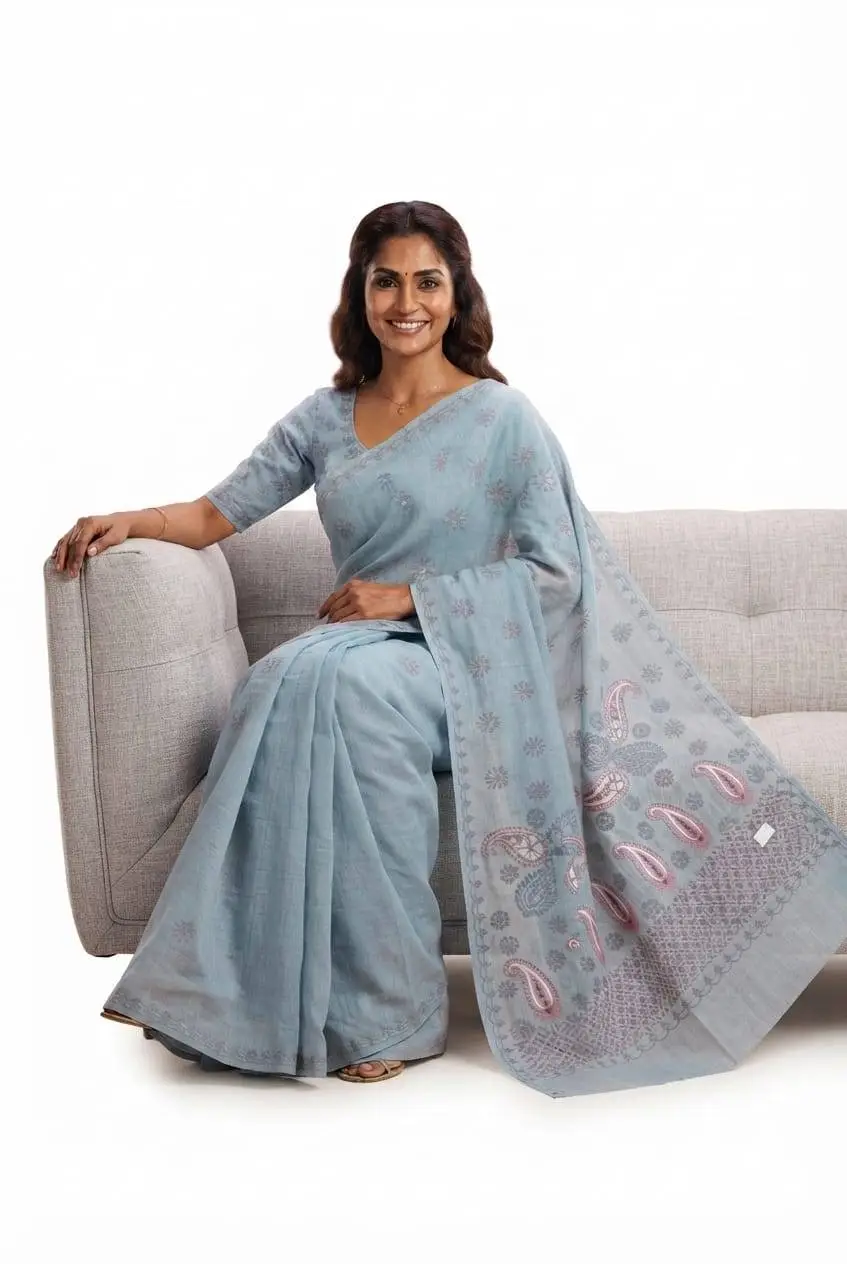 LCF CHIKAN Embroidered MAL COTTON SAREE -GREY view 2