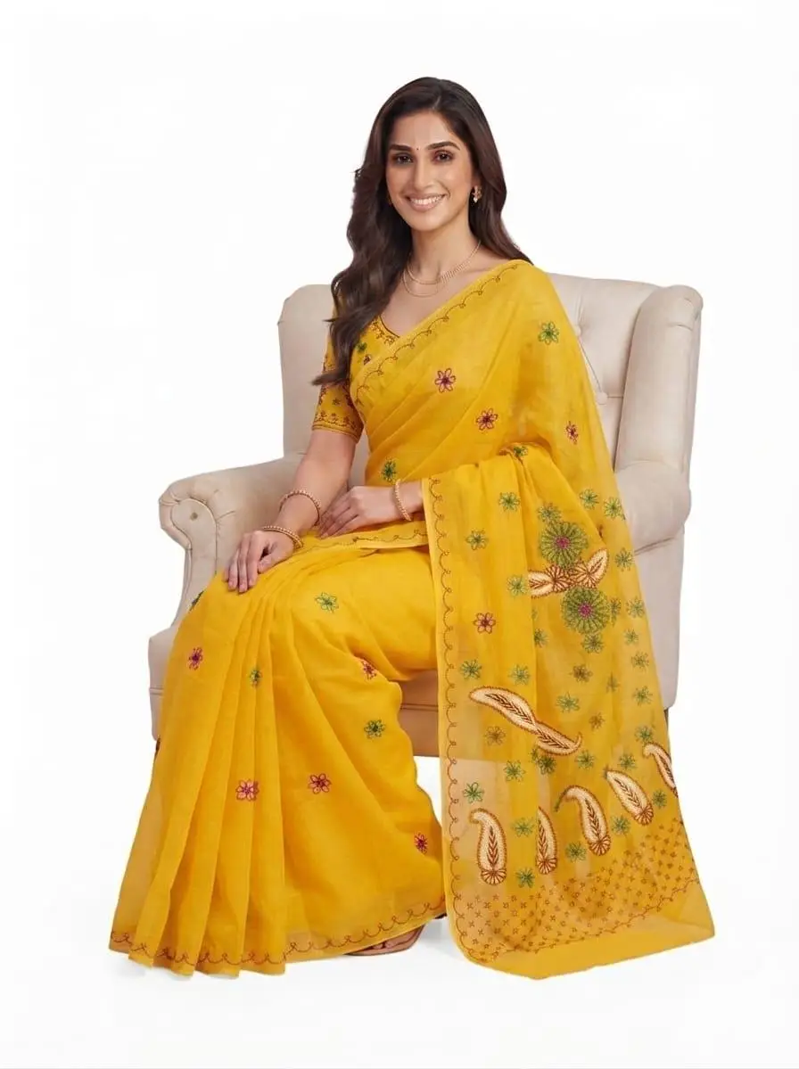 LCF CHIKAN Embroidered MAL COTTON SAREE -DARK YELLOW view 2