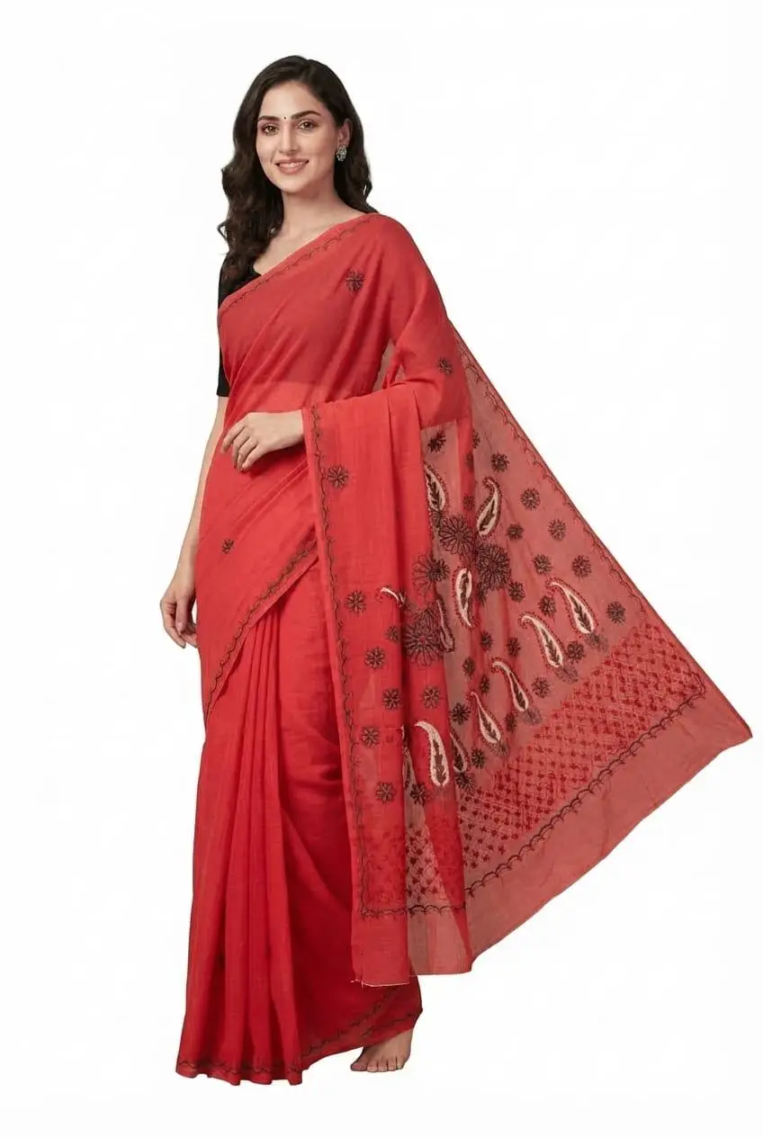 LCF CHIKAN Embroidered MAL COTTON SAREE -RED