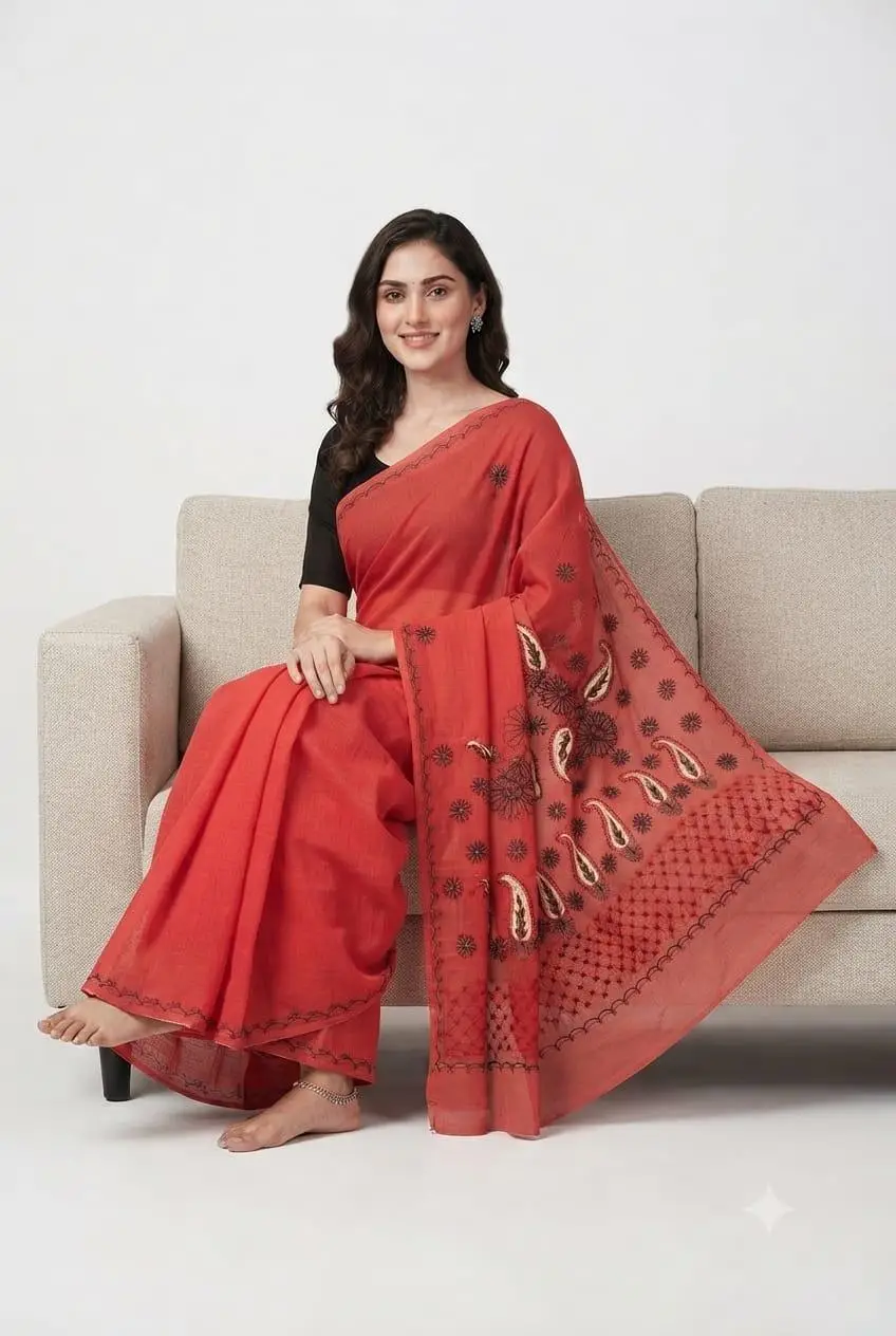 LCF CHIKAN Embroidered MAL COTTON SAREE -RED view 2