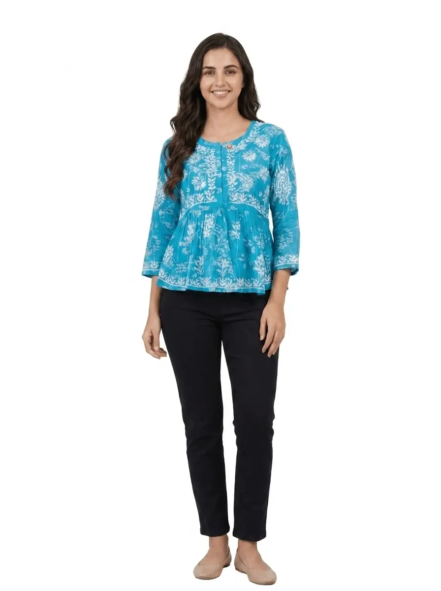 LCF CHIKAN EMBROIDERY CROP TOP - BLUE