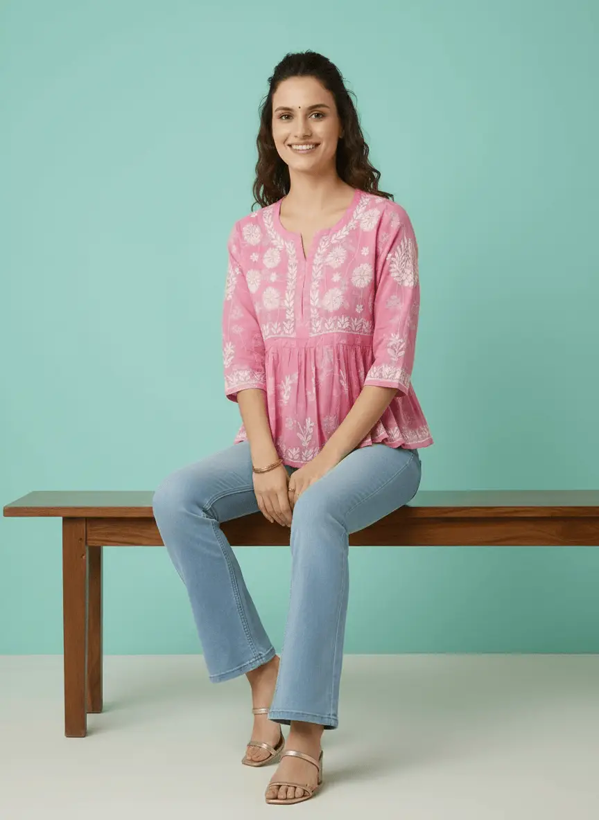 LCF CHIKAN EMBROIDERY CROP TOP - PINK view 4