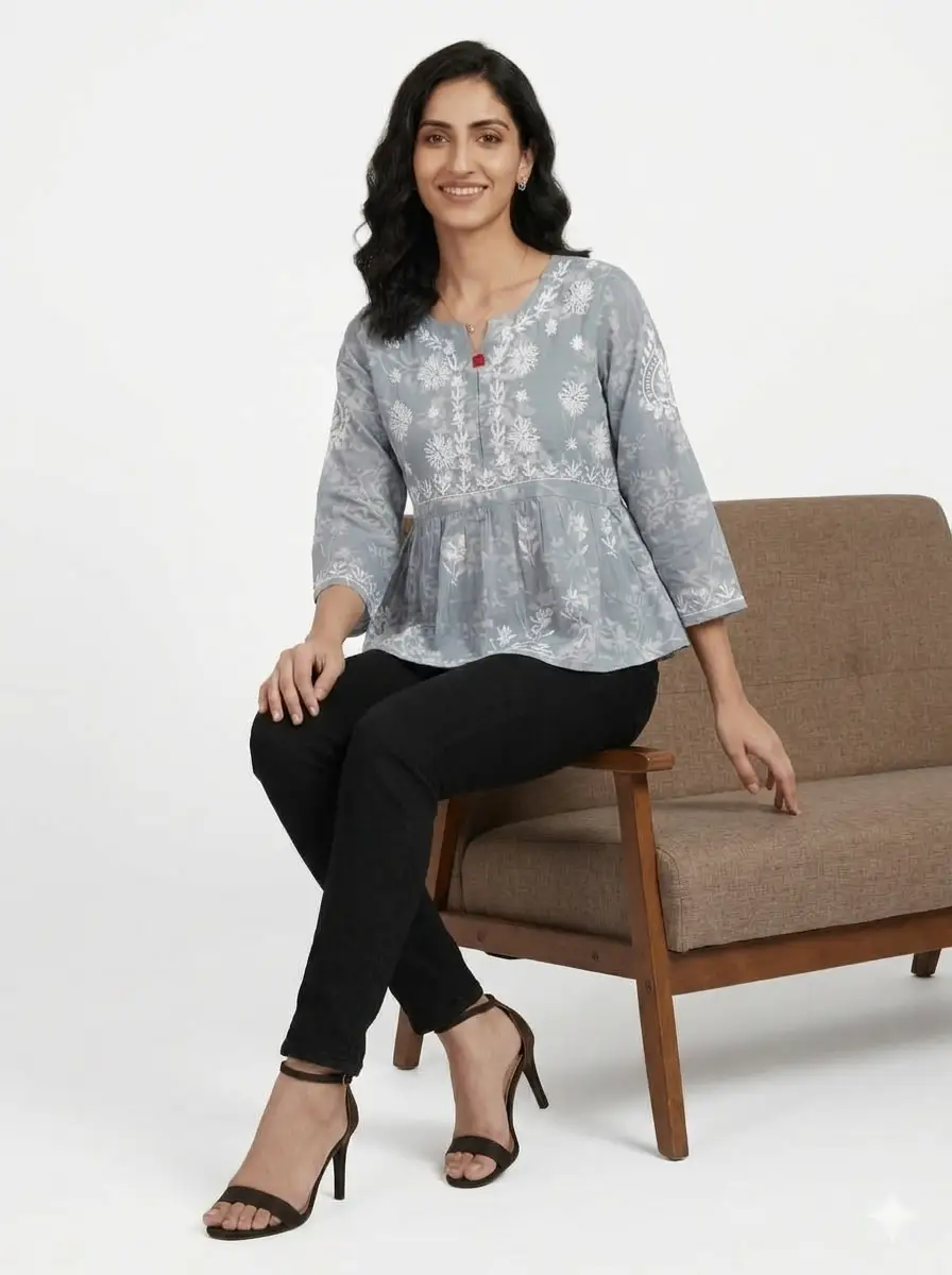 LCF CHIKAN EMBROIDERY CROP TOP - GREY view 4