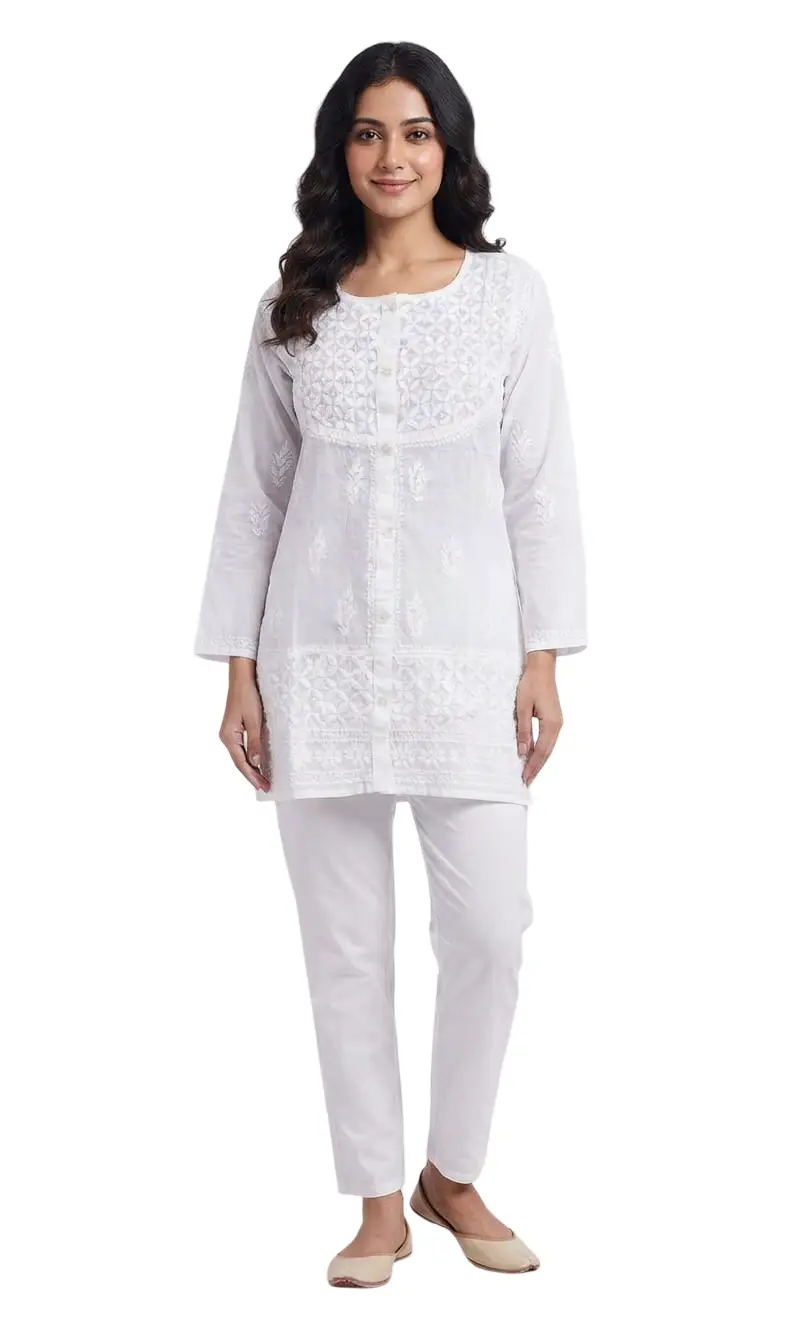 LCF CHIKAN EMBROIDERY SHORT TOP SHIRT STYLE - WHITE