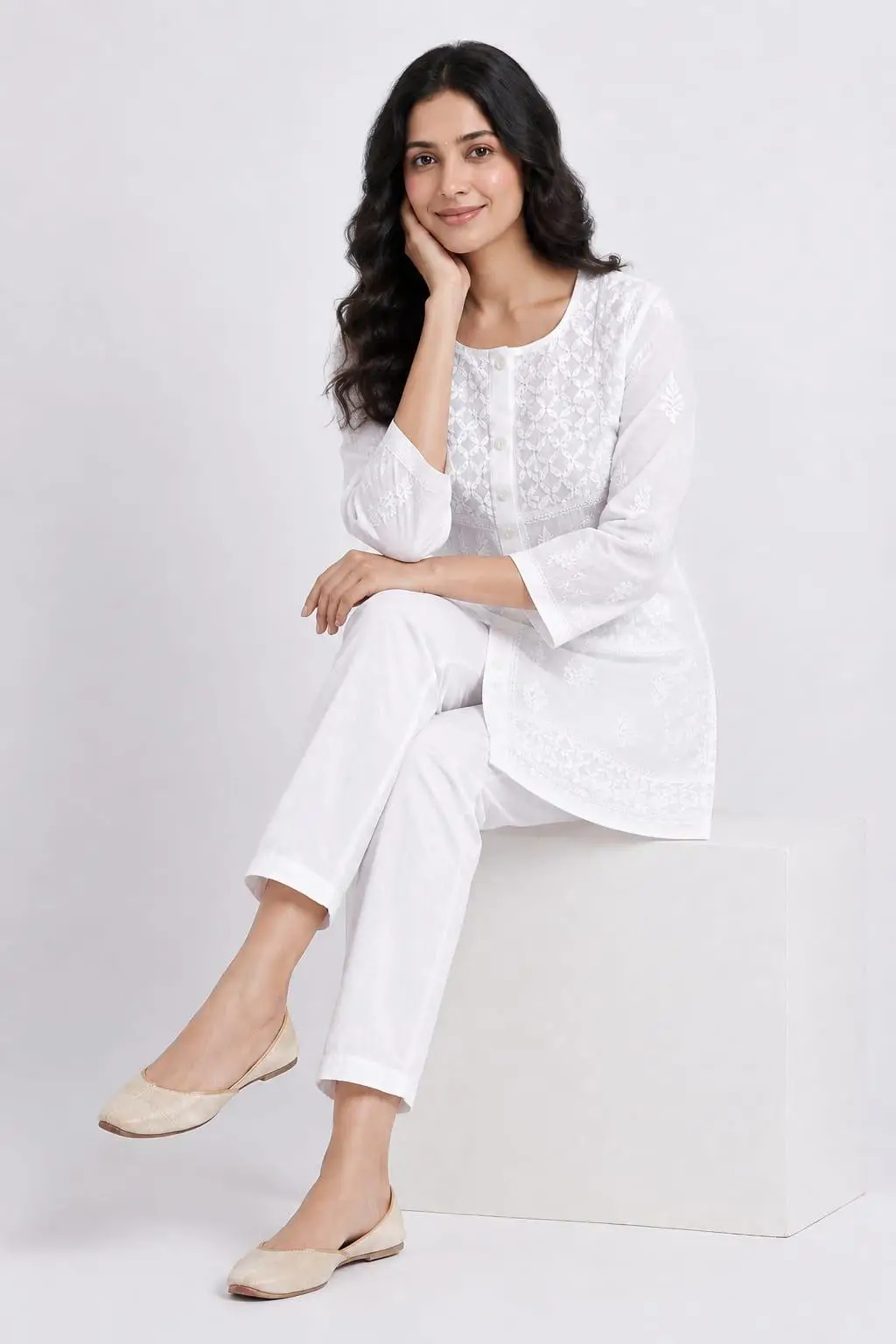 LCF CHIKAN EMBROIDERY SHORT TOP SHIRT STYLE - WHITE view 5