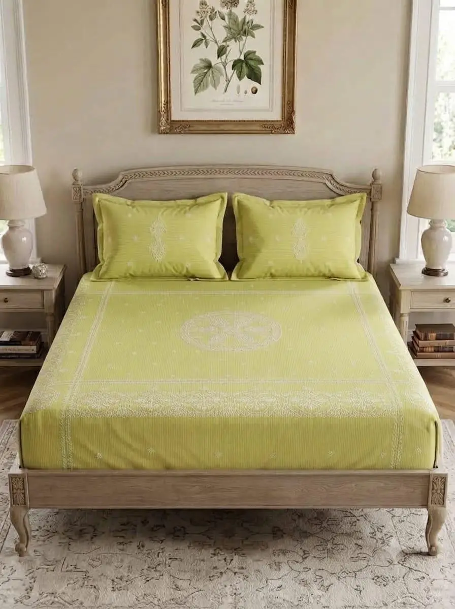 LCF CHIKAN EMBROIDERY STRAP COTTON BEDSHEET - GREEN