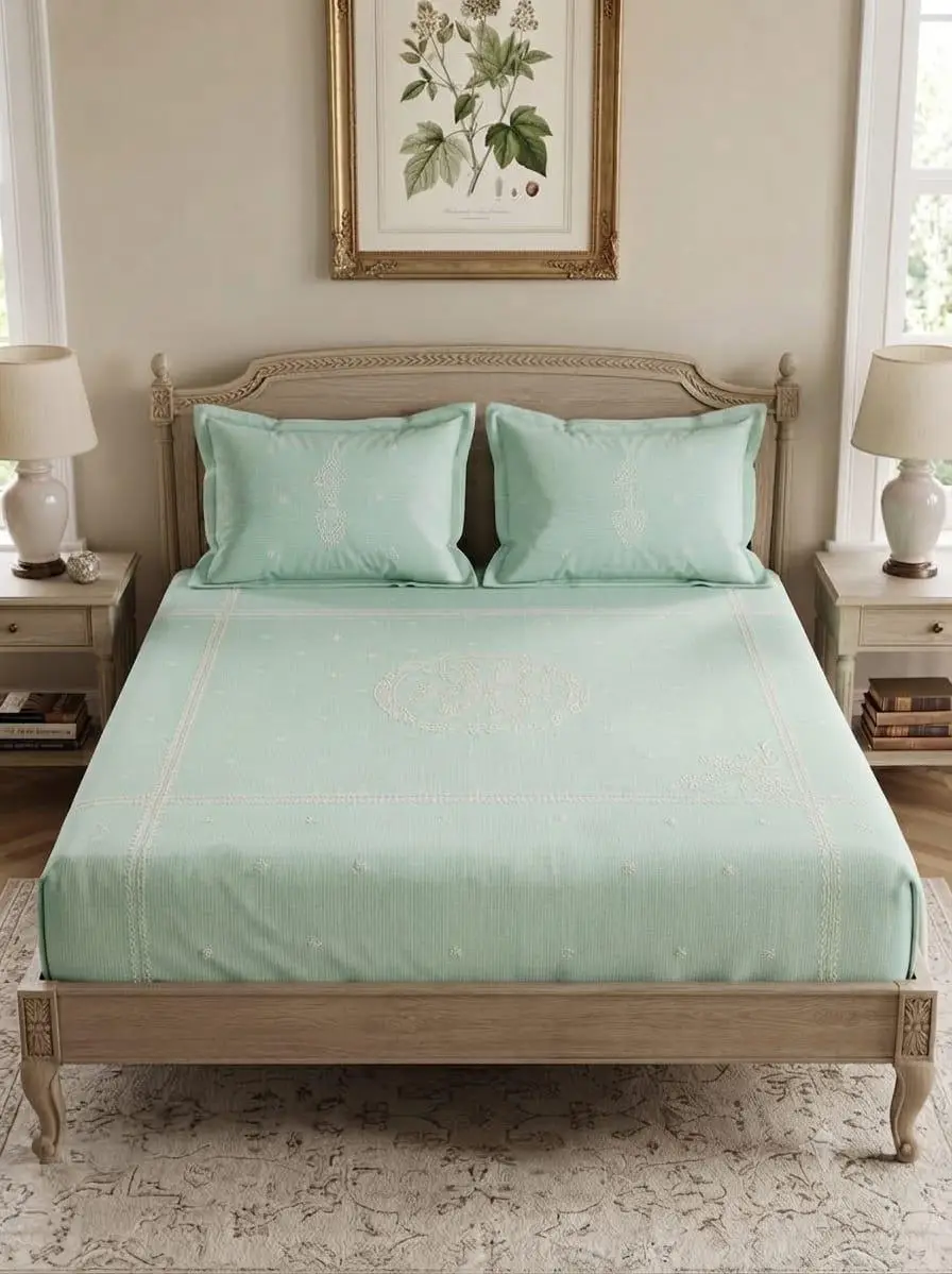 LCF CHIKAN EMBROIDERY STRAP COTTON BEDSHEET - SEA GREEN