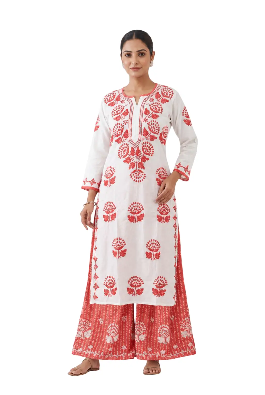 LCF CHIKAN EMBROIDERY RAYON PLAZO SET - WHITE WITH COLOUR THREAD