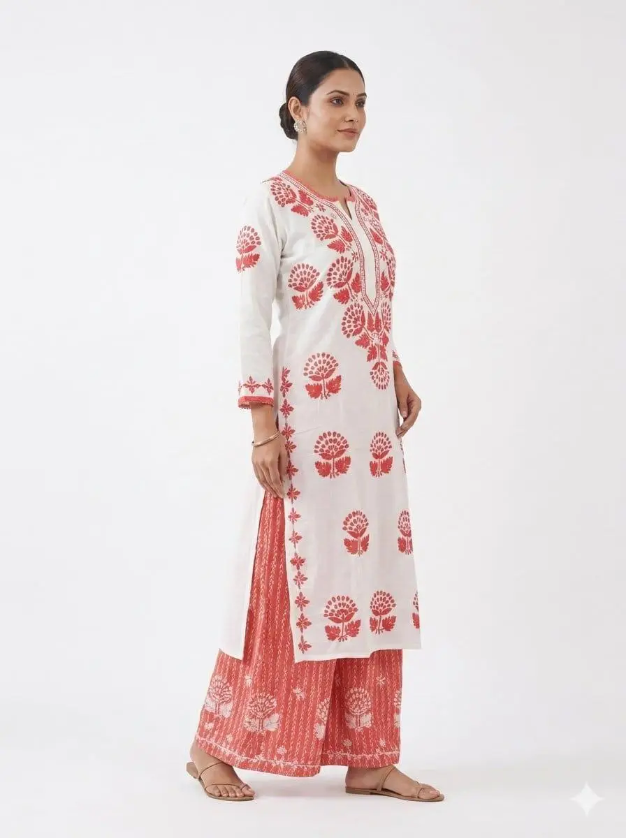LCF CHIKAN EMBROIDERY RAYON PLAZO SET - WHITE WITH COLOUR THREAD view 3