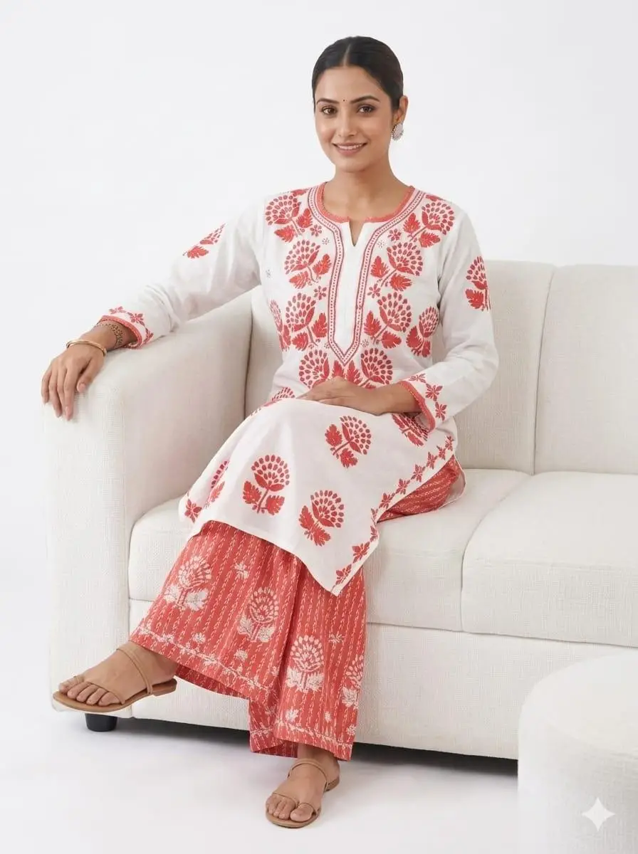 LCF CHIKAN EMBROIDERY RAYON PLAZO SET - WHITE WITH COLOUR THREAD view 4