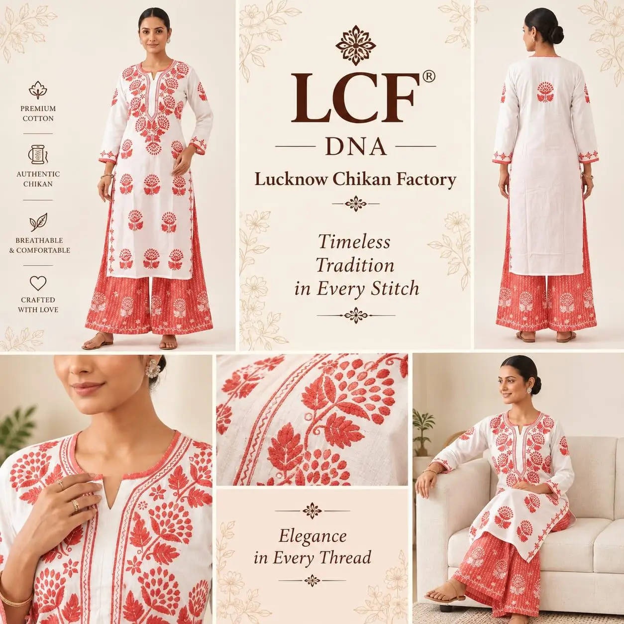 LCF CHIKAN EMBROIDERY RAYON PLAZO SET - WHITE WITH COLOUR THREAD view 5
