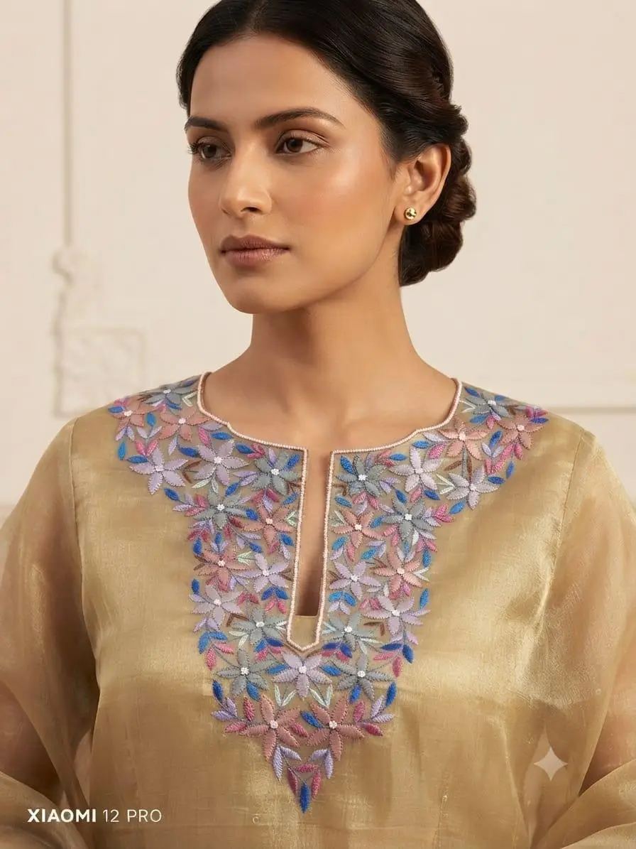 LCF CHIKAN EMBROIDER ORGANZA SILK UNSTITCHED KURTI & DUPATTA - GOLDEN view 2