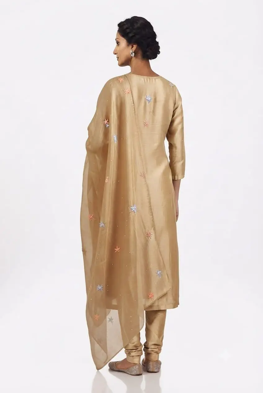 LCF CHIKAN EMBROIDER ORGANZA SILK UNSTITCHED KURTI & DUPATTA - GOLDEN view 3