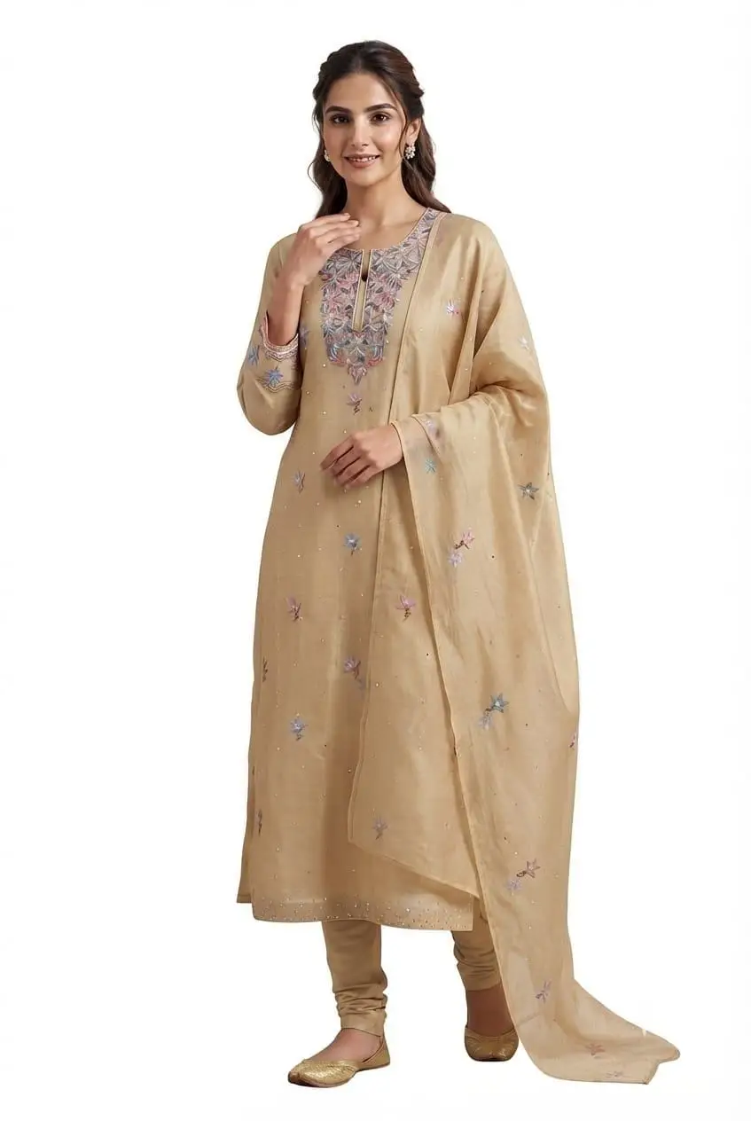 LCF CHIKAN EMBROIDER ORGANZA SILK UNSTITCHED KURTI & DUPATTA - GOLDEN view 4