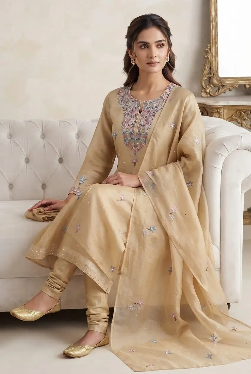 LCF CHIKAN EMBROIDER ORGANZA SILK UNSTITCHED KURTI & DUPATTA - GOLDEN view 5