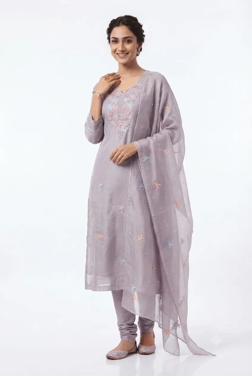 LCF CHIKAN EMBROIDER ORGANZA SILK UNSTITCHED KURTI & DUPATTA - LAVENDER