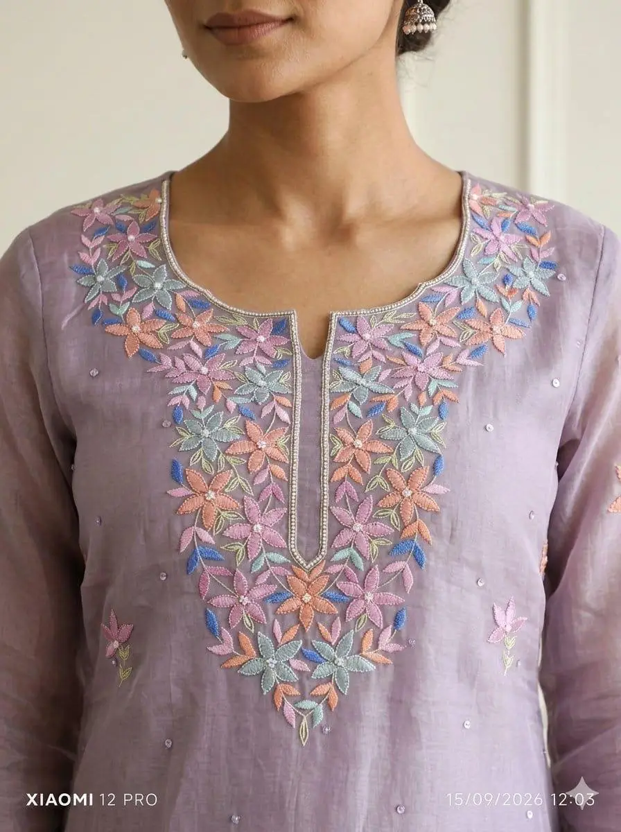 LCF CHIKAN EMBROIDER ORGANZA SILK UNSTITCHED KURTI & DUPATTA - LAVENDER view 2