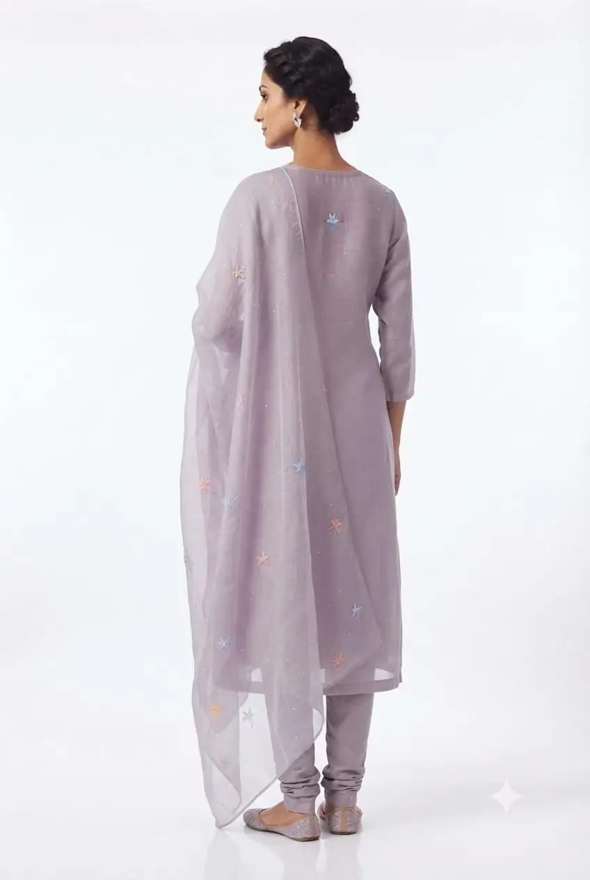 LCF CHIKAN EMBROIDER ORGANZA SILK UNSTITCHED KURTI & DUPATTA - LAVENDER view 3